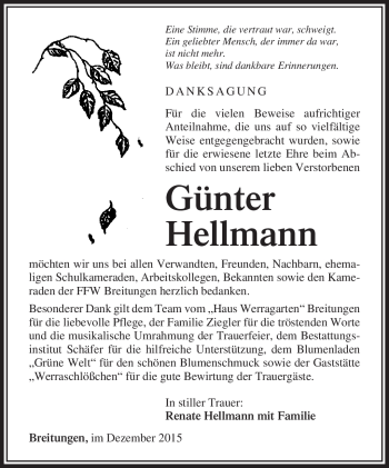 Traueranzeige von Günter Hellmann von Südthüringer Presse