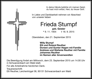 Traueranzeige von Frieda Stumpf von Frankenpost