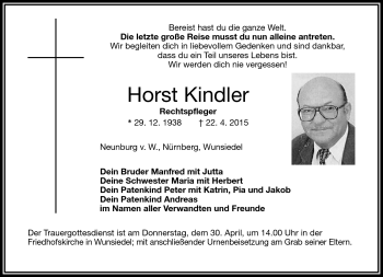 Traueranzeige von Horst Kindler von Frankenpost
