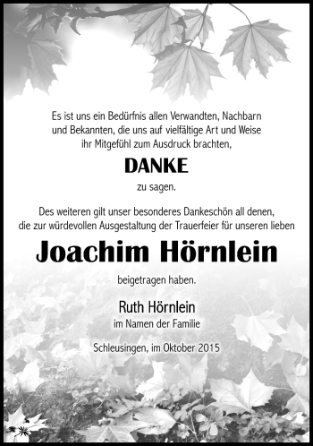 Traueranzeige von Joachim Hörnlein von Südthüringer Presse