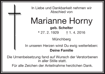 Traueranzeige von Marianne Horny von Frankenpost