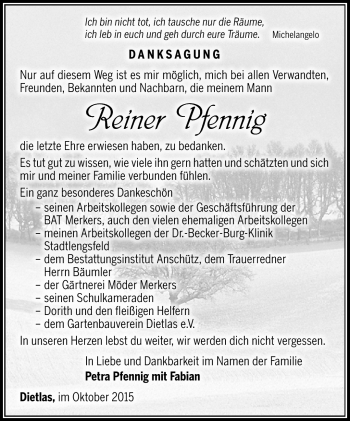 Traueranzeige von Reiner Pfennig von Südthüringer Presse