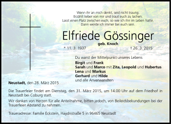 Traueranzeige von Elfriede Gössinger von Neue Presse Coburg