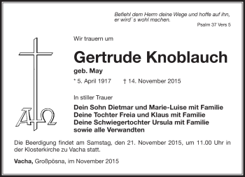 Traueranzeige von Gertrude Knoblauch von Südthüringer Presse