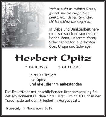 Traueranzeige von Herbert Opitz von Südthüringer Presse
