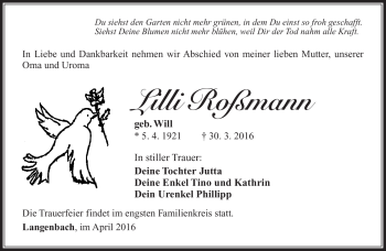 Traueranzeige von Lilli Roßmann von Südthüringer Presse