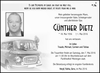 Traueranzeige von Günther Dietz von Südthüringer Presse