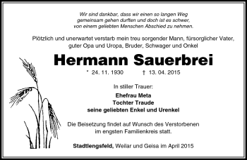 Traueranzeige von Hermann Sauerbrei von Südthüringer Presse