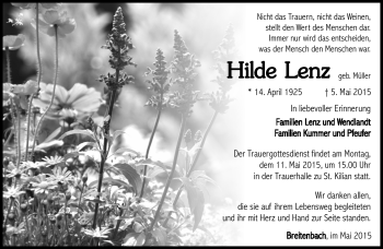Traueranzeige von Hilde Lenz von Südthüringer Presse