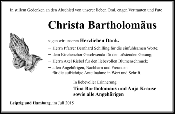 Traueranzeige von Christa Bartholomäus von Südthüringer Presse