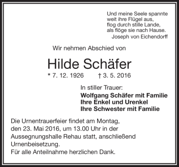 Traueranzeige von Hilde Schäfer von Frankenpost