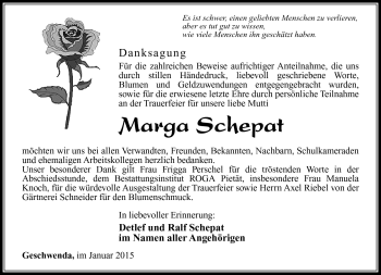 Traueranzeige von Marga Schepat von Südthüringer Presse