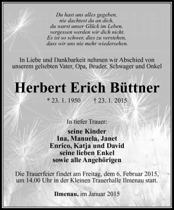 Traueranzeige von Herbert Erich Büttner von Südthüringer Presse