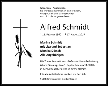 Traueranzeige von Alfred Schmidt von Frankenpost