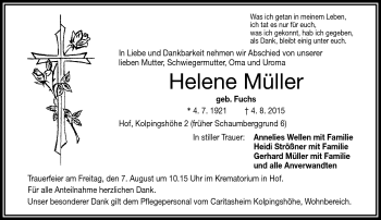 Traueranzeige von Helene Müller von Frankenpost