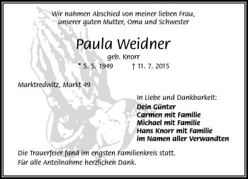 Traueranzeige von Paula Weidner von Frankenpost