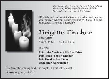 Traueranzeige von Brigitte Fischer von Südthüringer Presse
