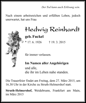 Traueranzeige von Hedwig Reinhardt von Südthüringer Presse