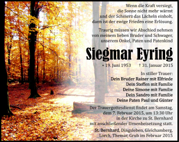 Traueranzeige von Siegmar Eyring von Südthüringer Presse