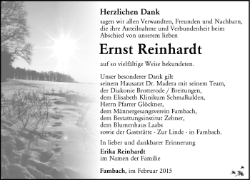 Traueranzeige von Ernst Reinhardt von Südthüringer Presse