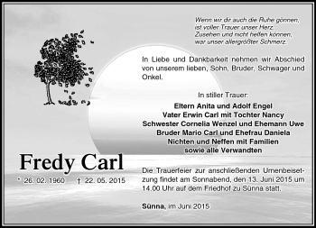 Traueranzeige von Fredy Carl von Südthüringer Presse