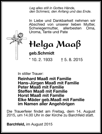 Traueranzeige von Helga Maaß von Südthüringer Presse