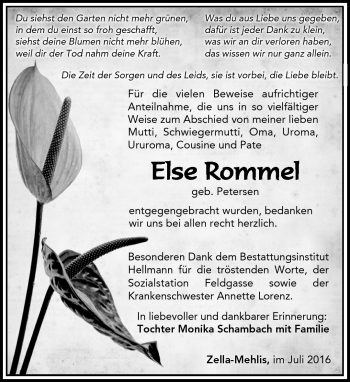 Traueranzeige von Else Rommel von Südthüringer Presse