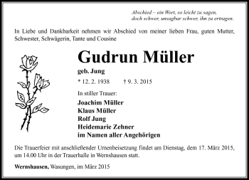 Traueranzeige von Gudrun Müller von Südthüringer Presse