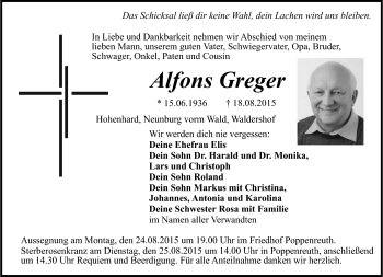 Traueranzeige von Alfrons Greger von Frankenpost