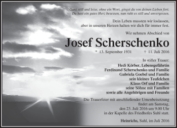 Traueranzeige von Josef Scherschenko von Südthüringer Presse