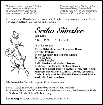 Traueranzeige von Erika Günzler von Südthüringer Presse