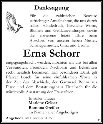 Traueranzeige von Erna Schnorr von Südthüringer Presse