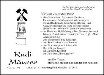 Traueranzeige von Rudi Mäurer von Südthüringer Presse