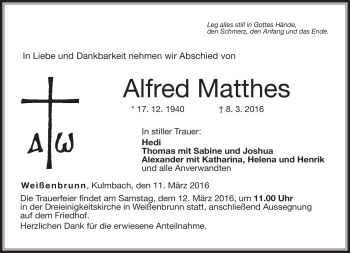 Traueranzeige von Alfred Matthes von Neue Presse Coburg