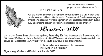 Traueranzeige von Beatrix Will von Südthüringer Presse