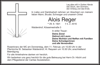 Traueranzeige von Alois Reger von Frankenpost