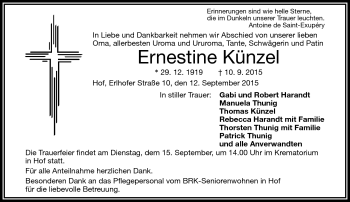 Traueranzeige von Ernestine Künzel von Frankenpost
