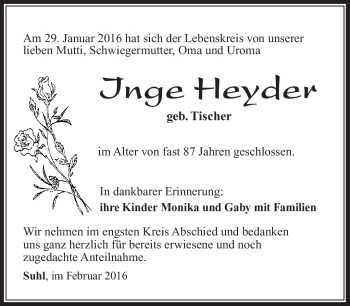Traueranzeige von Inge Heyder von Südthüringer Presse
