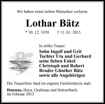 Traueranzeige von Lothar Bätz von Südthüringer Presse