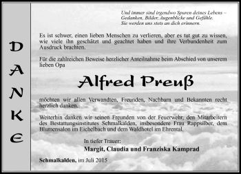Traueranzeige von Alfred Preuß von Südthüringer Presse