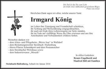 Traueranzeige von Irmgard König von Südthüringer Presse