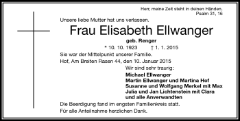 Traueranzeige von Elisabeth Ellwanger von Frankenpost