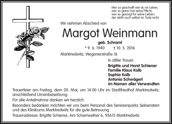 Traueranzeige von Margot Weinmann von Frankenpost