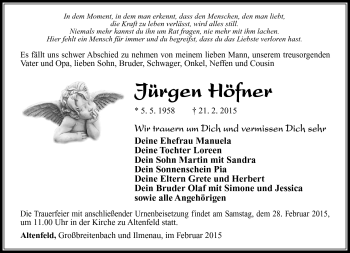 Traueranzeige von Jürgen Höfner von Südthüringer Presse