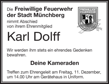 Traueranzeige von Karl Dolff von Frankenpost