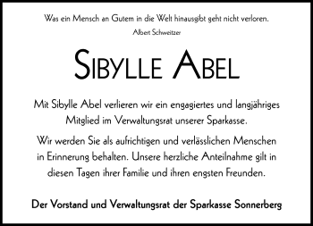 Traueranzeige von Sibylle Abel von Südthüringer Presse