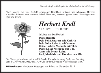 Traueranzeige von Herbert Krellö von Südthüringer Presse