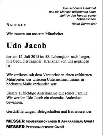 Traueranzeige von Udo Jacob von Südthüringer Presse