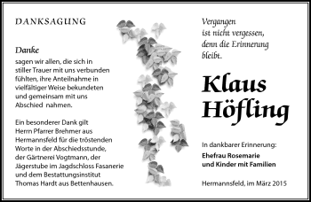 Traueranzeige von Klaus Höfling von Südthüringer Presse