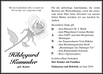 Traueranzeige von Hildegard Kammler von Südthüringer Presse